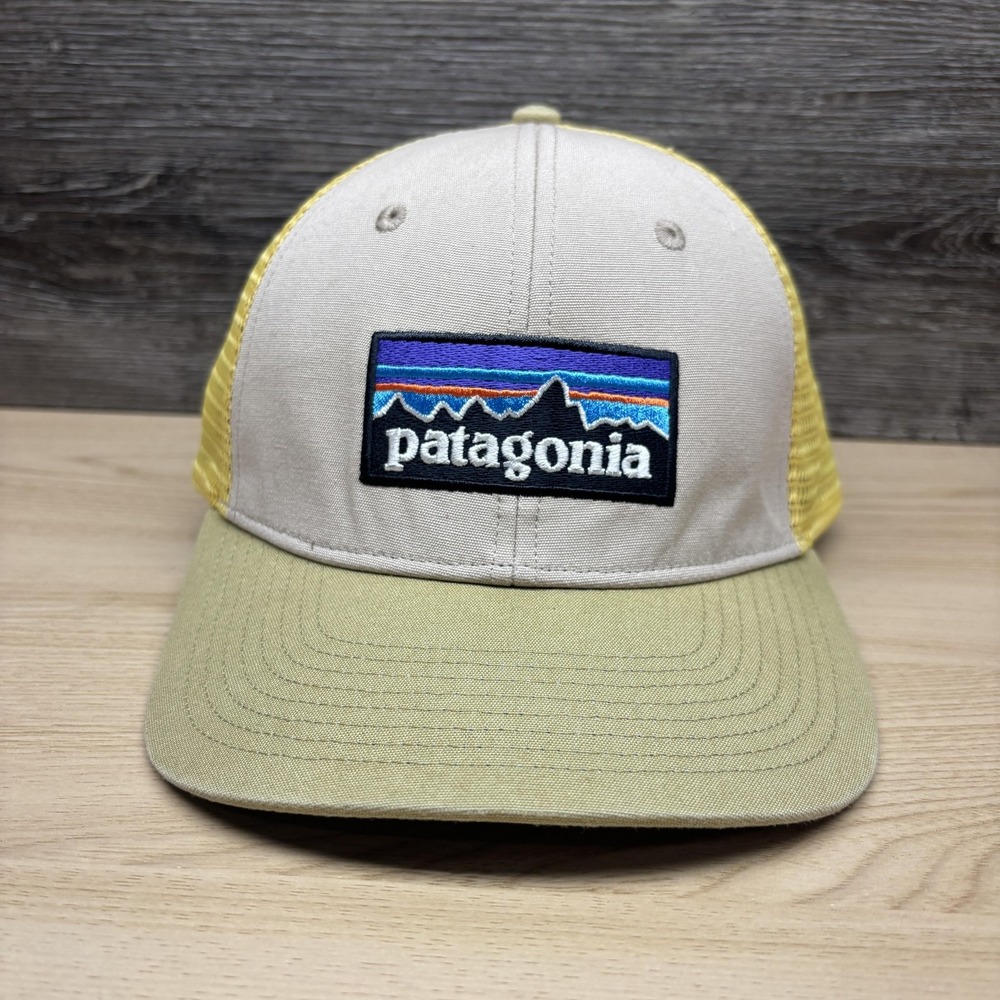 Patagonia Hat Cap Snap Back Mens Yellow Tan Mesh Trucker Baseball Logo Patch